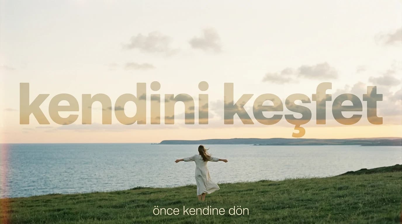 Kendini keşfet: deniz kıyısında bir tepede kollarını açmış bir kadın, gökyüzünde 'kendini keşfet' yazısı